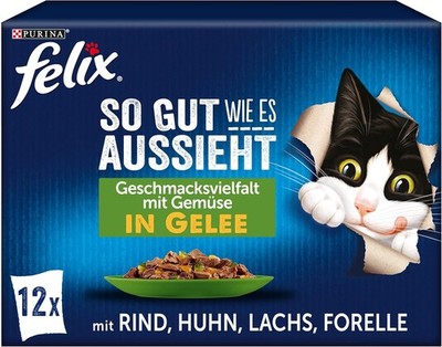 Felix Katzen-Futter nass in Gelee, Sorten-Mix (6 x 12 Beutel à 85g) Erwachsene