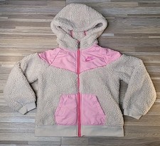 Nike Girls Sherpa Hooded Jacket Sweatshirt Size 6X Light Orewood Burn Full Zip