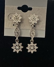Silver Tone Crystal Double Flower Dangle Drop Post Back Earrings Bridal Formal
