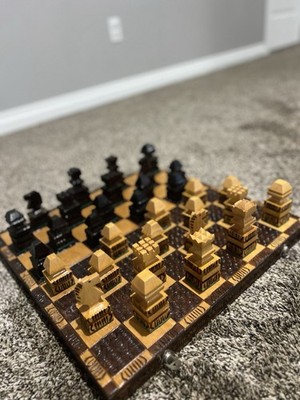 RARE VINTAGE 1970 s HAND CARVED WOODEN CHESS SET