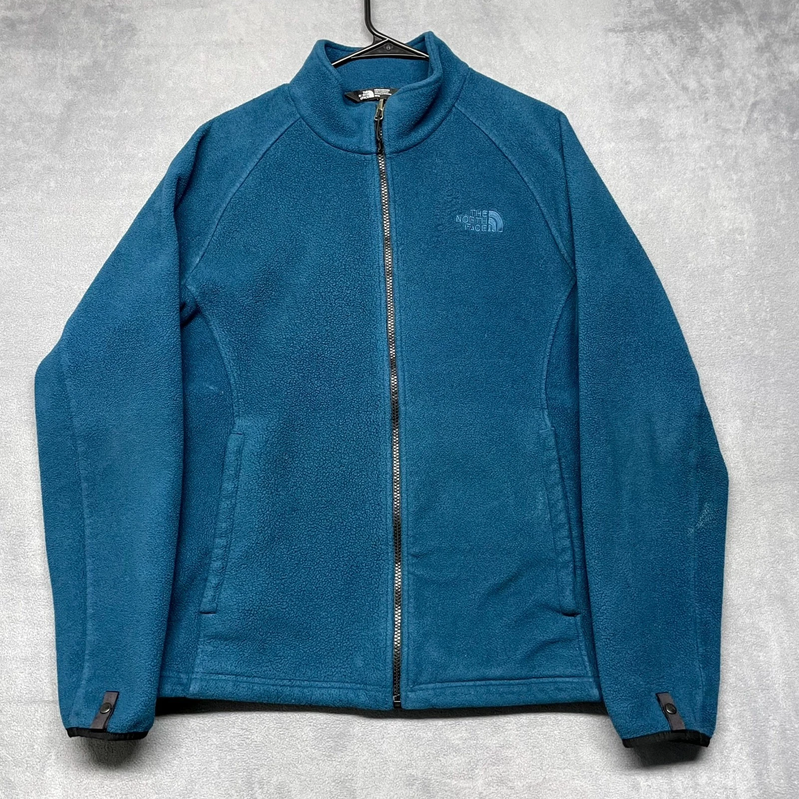 The North Face Fleece Jacket Mens Medium Teal Logo Mock Neck Raglan Sleeve