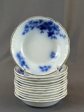 12 Antique W.H. Grindley ROSE Flow Blue 4    Fruit Dessert Sauce Bowls c. 1893