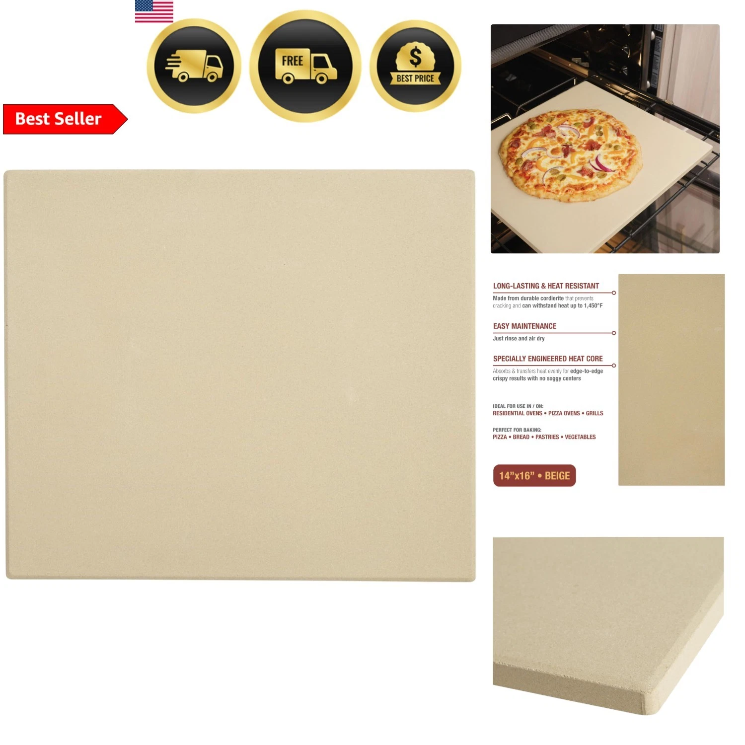 Pizza Kitchen Rectangular Pizza Stone for Oven and Grill, 14x16-Inch
Opens in a new window or tab