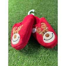 Boys Girls Red Plush Reindeer Slippers with Non-Slip Sole 8/9