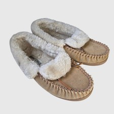 Minnetonka Cabin-Core Moccasin Slippers Size 7 Suede Faux Fur Tan Cozy Lounge