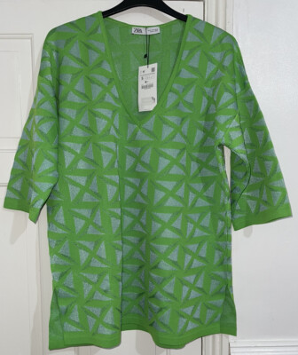 ZARA GRÜNER OVERSIZED STRICK JACQUARD PULLOVER MIT GEOMETRISCHEM PRINT UND SEITENSCHLITZ GR. S