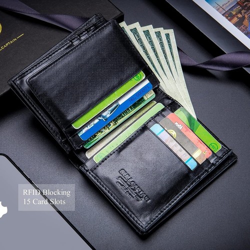 Large Capacity Men's Leather Bifold Wallet - RFID Blocking, 15 Card Slots, Black - Picture 6 of 8