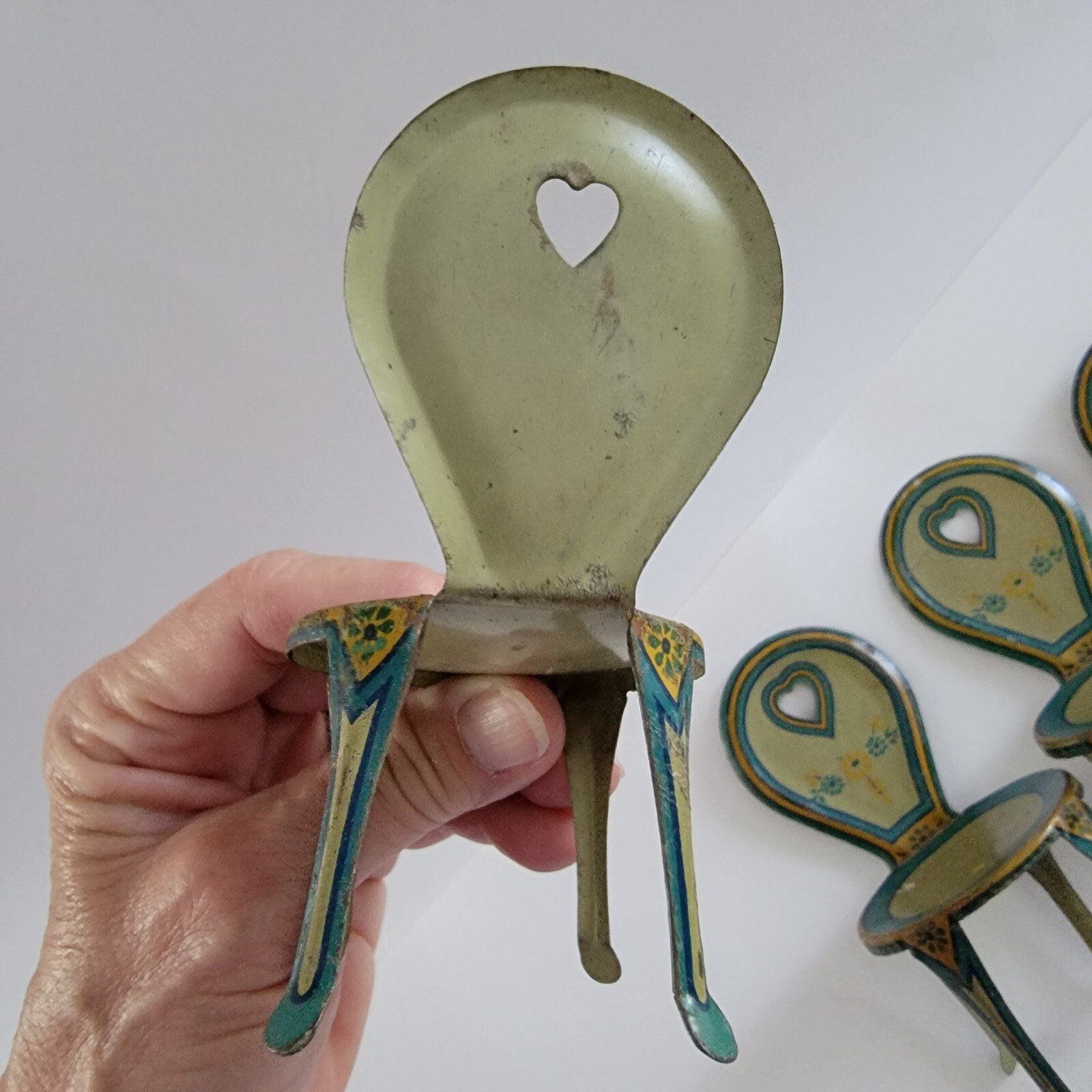 Antique Green Peacock Tin Lithograph Toy Table & 4 Chairs