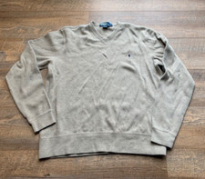 Polo Ralph Lauren Sweater Mens Medium V-Neck Tan Cotton Knit Casual Pony