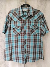 WRANGLER Men's Western Shirt Short Sleeve Pearl Snap Button Up Plaid Blue Brown