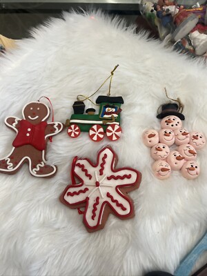 Xmas Ornaments Clay Dough  Set Of 4 Gingerbread Man Snowflake 2 Snowmen 3''to 4''