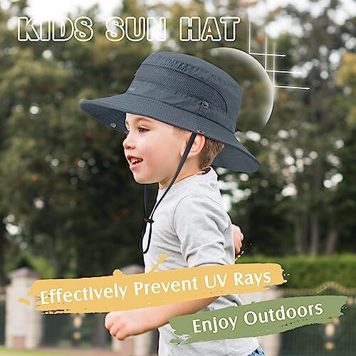 Kids Sun Hat Outdoor UPF 50+ Boys Sun Hat Wide Brim Kids 5-13 Years 1pc Black - Bild 5 von 7