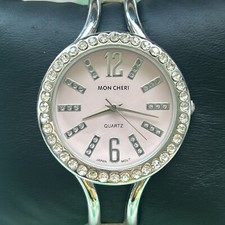 Mon Cheri Pink Dial Rhinestone Bezel Women  s Bangle Watch