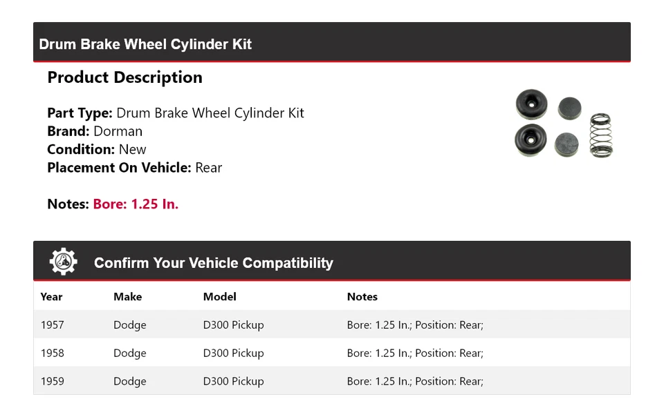 Kit de cilindro de rueda de freno de tambor trasero 1958 1958 para camioneta Dodge D300 Dorman 1957-1959 Foto 2 de 4