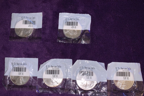 Lot of 6 American Eagle Silver One Dollars Uncirculated 2001, 2002, 2004 (4)