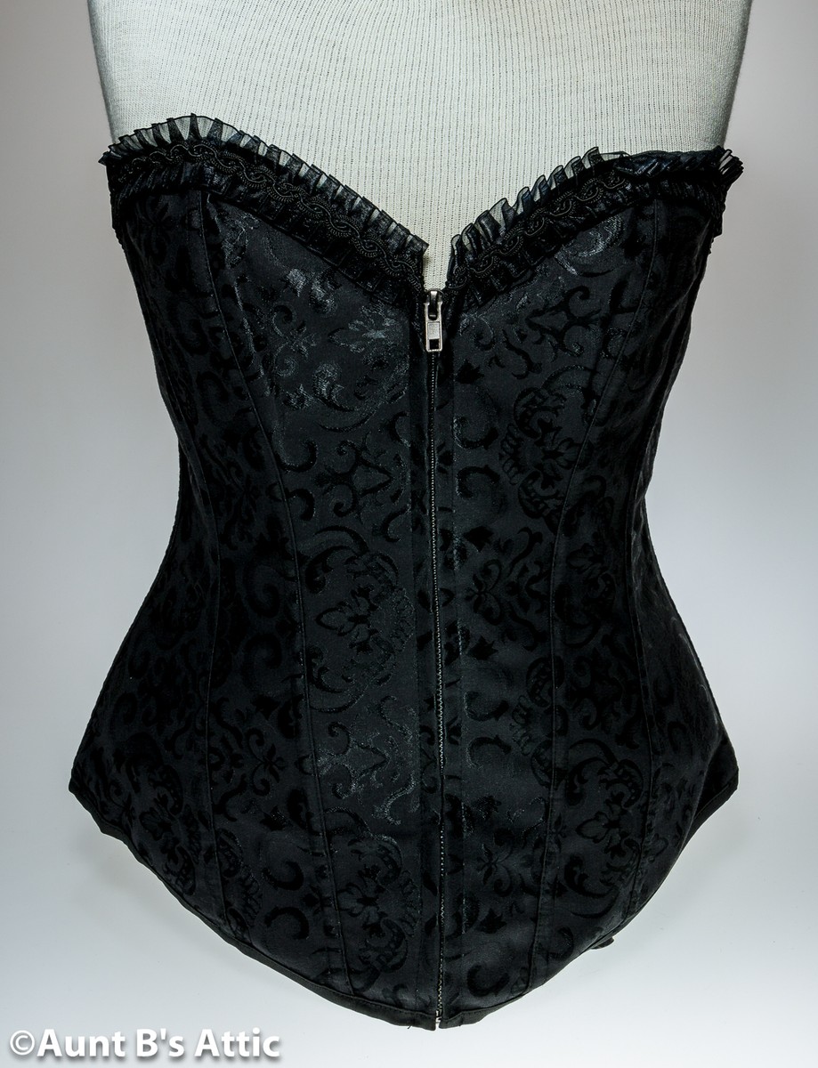 Corset Black Brocade Over Bust Boned Zipper Front Laced Back