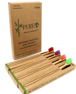 Bamboo Toothbrushes  Biodegradable Natural Multi Color Bristles 4 pack