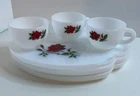 Federal Milk Glass Snack Set Rose Hand Painted Set Of 6  Vintage 3 Plates/3 Cups
