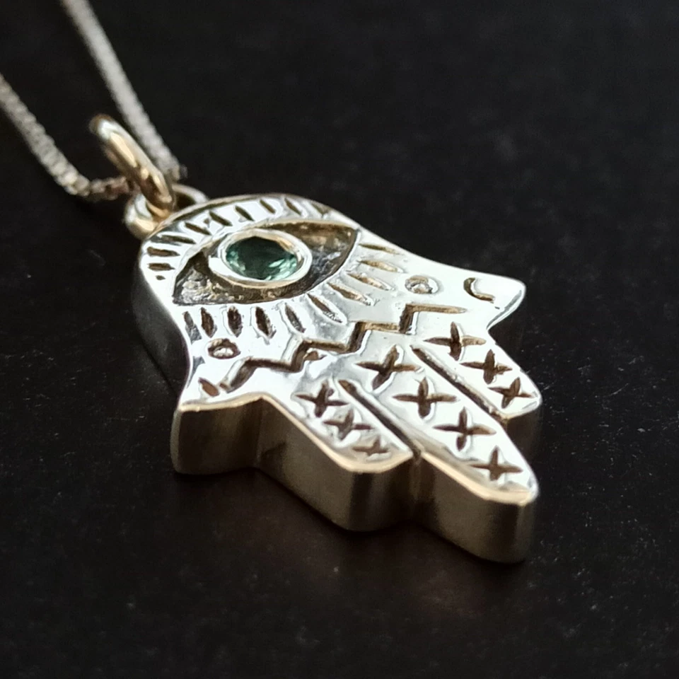 Collar Hamsa Plata Mano Azul de Fátima Escudo Mal de Ojo Artístico Modernista 925 Foto 2 de 4