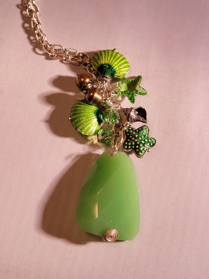Зеленый берег тема ожерелье серьги, Swarovski, ракушки, жемчуг, уникальный.  - Изображение 2 из 4
