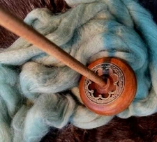 * #4 Ornate Brass Filigree Drop Spindle Bottom Whorl Walnut Finish Yarn Wood