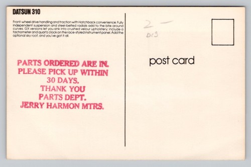 Jerry Harmon Motors Williston North Dakota Datsun 310 GX Hatchback UNP Postcard - Picture 2 of 2