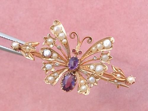 ANTIQUE VICTORIAN PEARL AMETHYST GARNET RUBY 18K BUTTERFLY BROOCH PIN c1900 - Picture 15 of 17