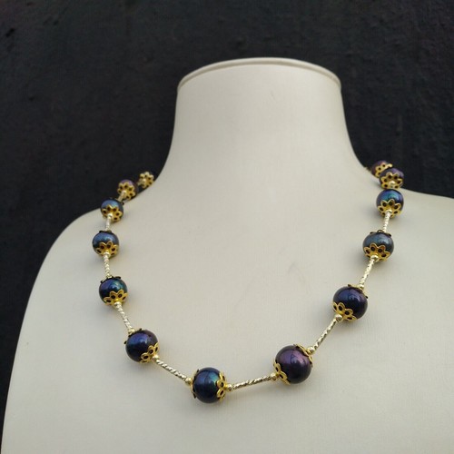 19" Hot AAA + 9-10 mm Black ROUND South Sea Pearl Necklace 14k Yellew Gold - Picture 2 of 3