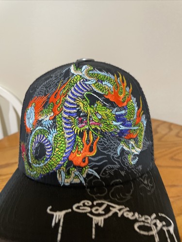 Ed Hardy Mesh Black Trucker Hat Snapback Embroidered Dragon Skull Tattoo - Picture 2 of 10