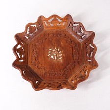 Ornate Wood Carved Bowl 10" Wooden Carving Fancy Tray Plate Dish Home Decor Tan