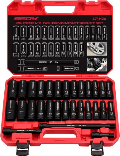 29-Piece 1/2" Drive SAE and Metric Impact Socket Set with Extension Bars - CR-V