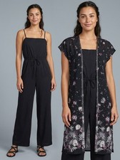 S/M Vintage 1970s Black Purple Summer Wide Leg Jumpsuit Set w Floral Jacket 70s