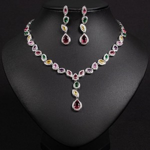 18k White Gold Plated Red Ruby  & Swarovski Rainbow  Crystal Necklace Earrings 