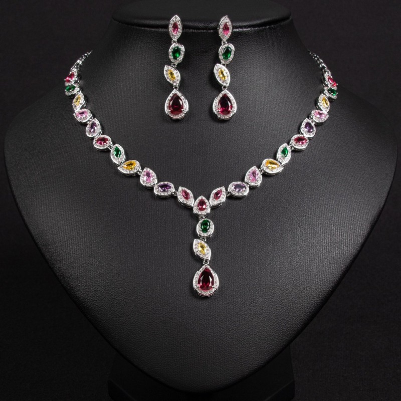 18k White Gold Plated Red Ruby  & Swarovski Rainbow  Crystal Necklace Earrings 