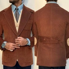 Retro Corduroy Sports Men Coat Elbow Patch Adjustable Back Belt Daily Blazer