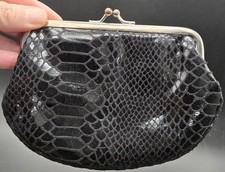 Vintage Black Faux Snakeskin Coin Purse Kiss Lock Clasp Makeup Pouch Unmarked
