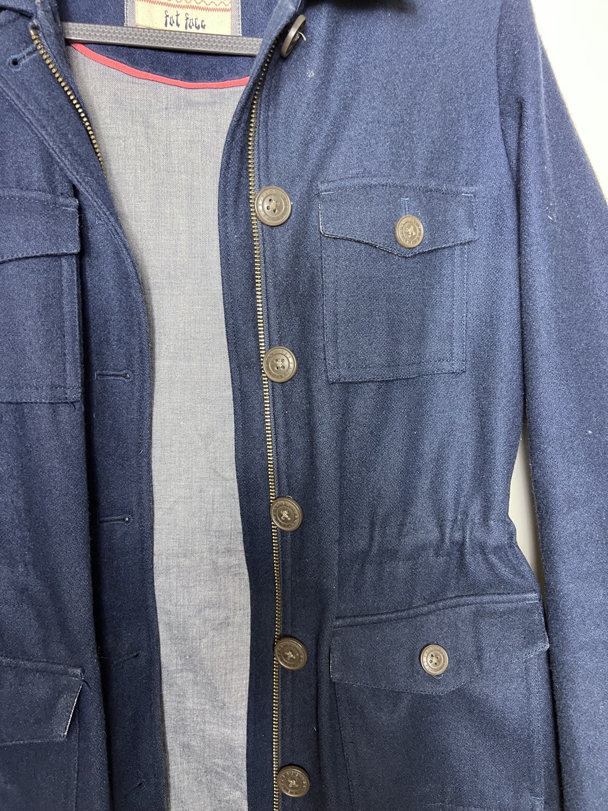 FAT FACE Dark Royal Blue Wool Blend Gathered Waist Coat Jacket Size UK 10 image 5