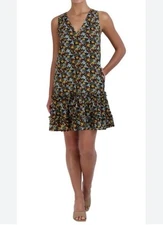 BCBG PARIS Black Floral A Line V Neck Sleeveless Dress Ruffles Keyhole Back XL