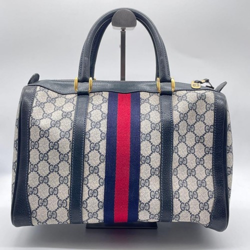 GUCCI GG Sherry Line Mini Bosto Hand Bag Ziplock Leather PVC Beige Black Japan