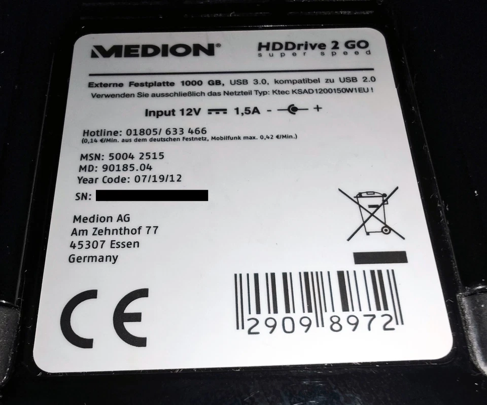 Medion Fesplatte 1TB HDDrive 2 GO USB extern - Bild 3 von 4