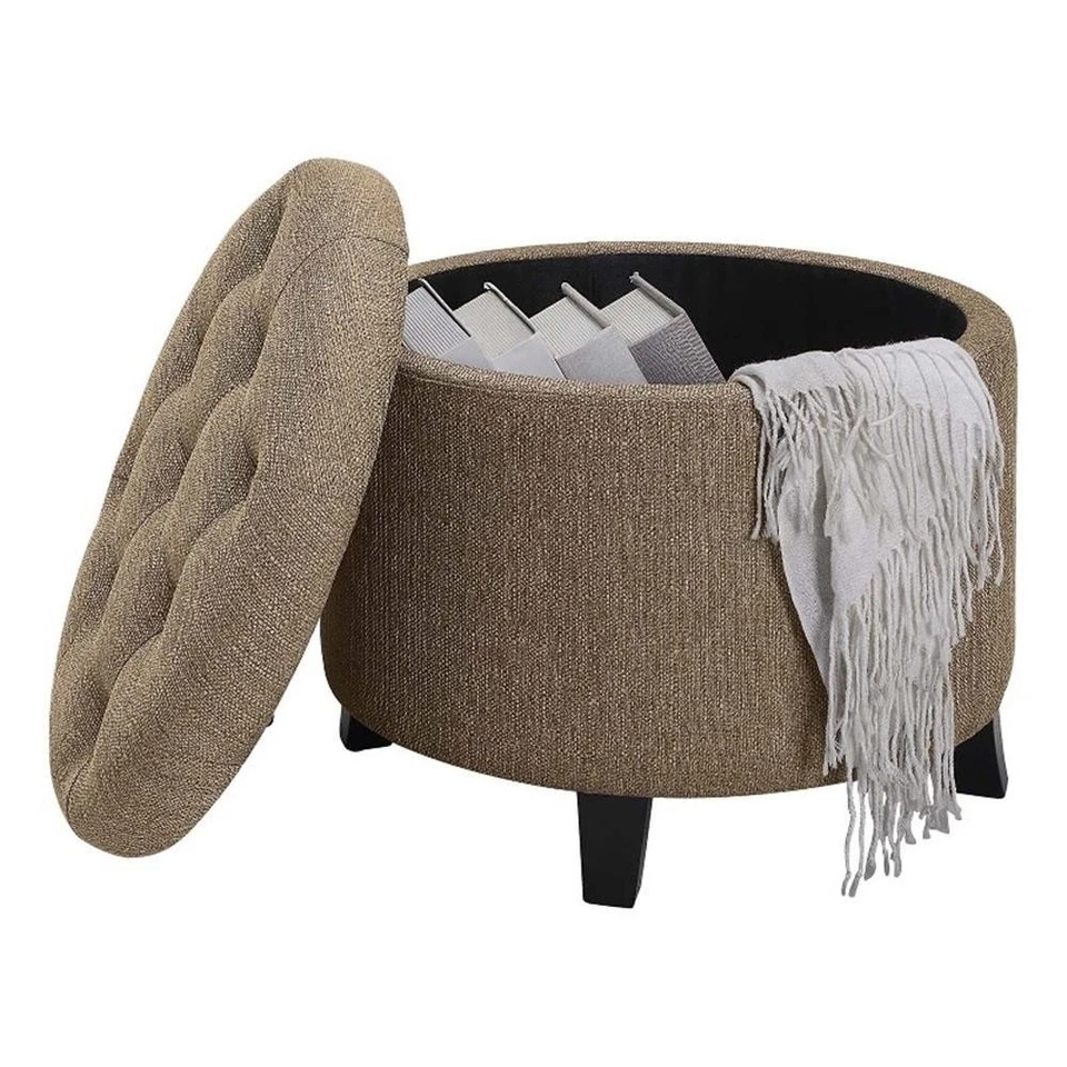 Pemberly Row Modern Round Storage Ottoman in Cappuccino Fabric - Image 2 of 4