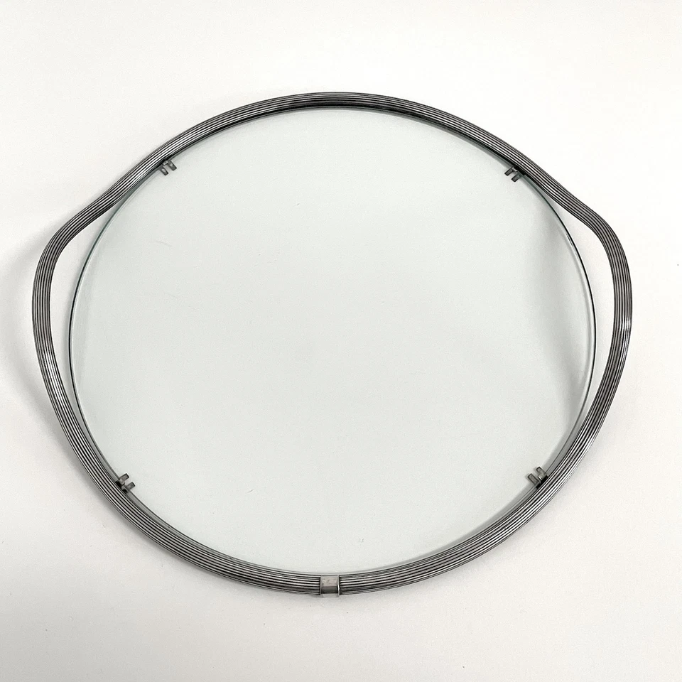 Plateau Art Déco en métal verre ronde moderniste avec poignées années 1940 - Photo 3/4