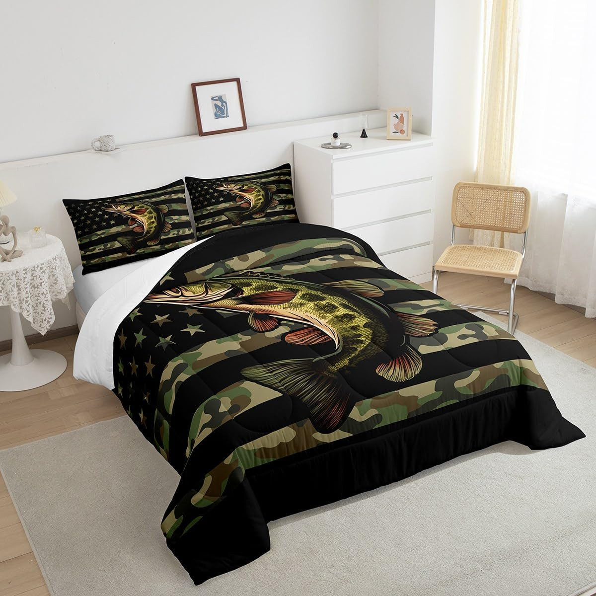 Bass Fish Pattern Comforter Set Queen Size Camouflage Bedding Set for Kids Boys