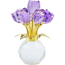 Crystal Rose Flower Figurine with Round Vase, Crystal Flowers with Stems UK