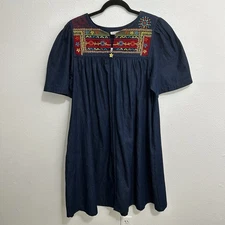 Go Softly Patio Dress Caftan Blue Denim Embroidered Floral Grandma Granny PM EUC