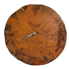 VINTAGE Rustic Lodge Deer Engraved Wood Slice Wall Clock Cabin Nature Decor
