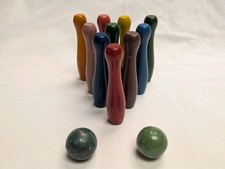 Vintage Wooden Tabletop Bowling Pins 10 Vibrant Pins And 2 Wooden Balls