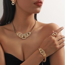Rhinestone Circle Jewelry Set Gold Silver alloy Chain Necklace Bracelet Earrings