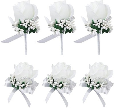 Delicate White Rose Wrist Corsage and Boutonniere Set for Brides and Grooms