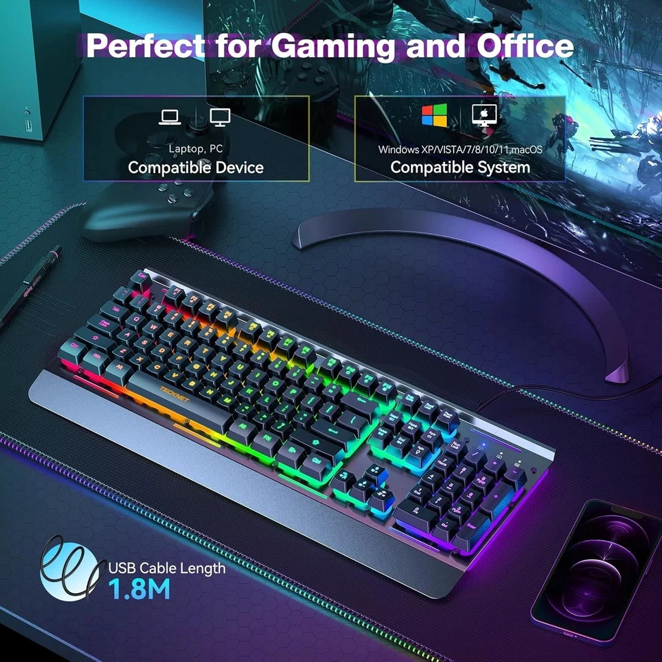 TECKNET Gaming Keyboard, USB Wired Computer Keyboard, RGB Lighting - Image 3 of 3